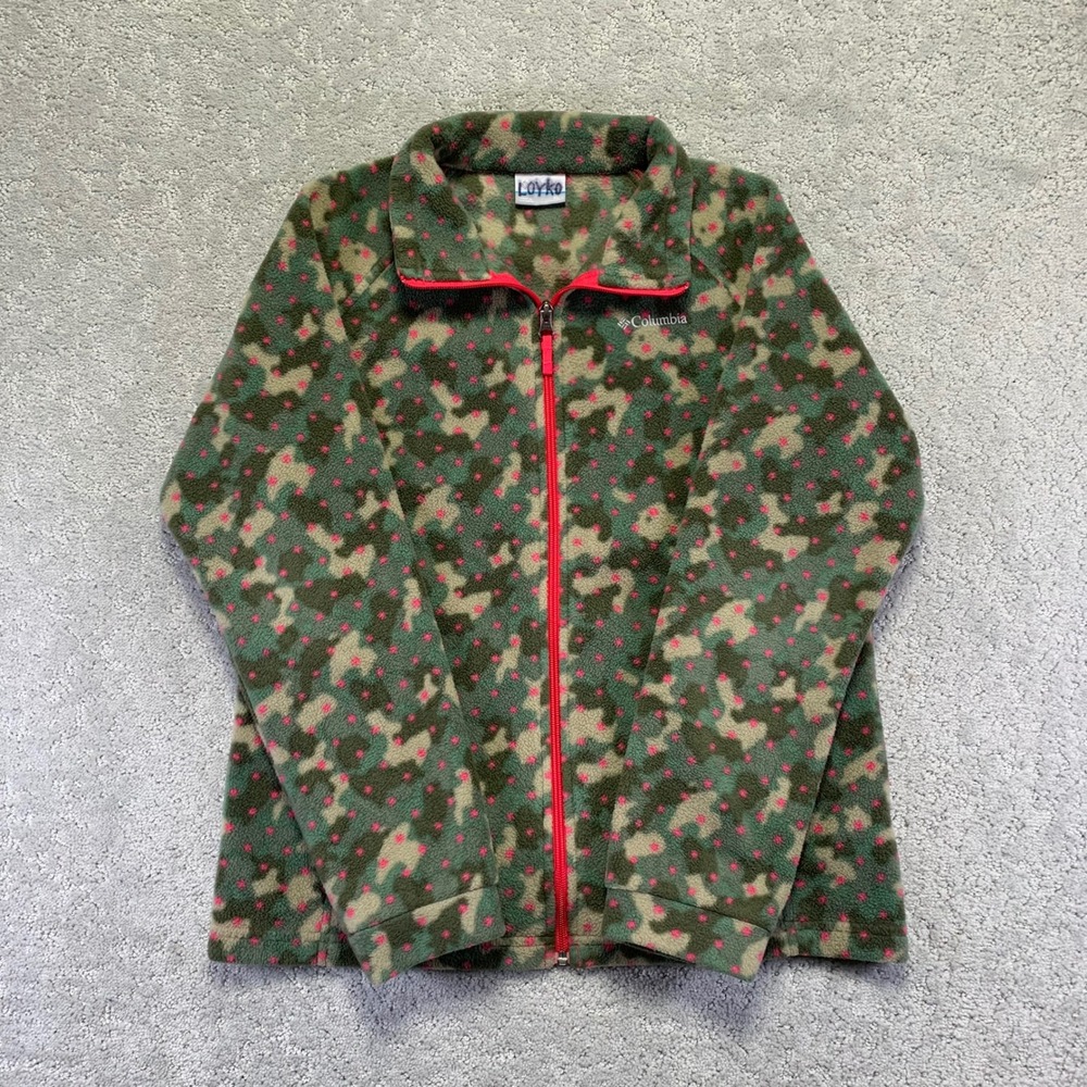 Columbia Camo Fleece Jacket Youth Girls XL Camo Pink Polka Dot Zip Up Sweater